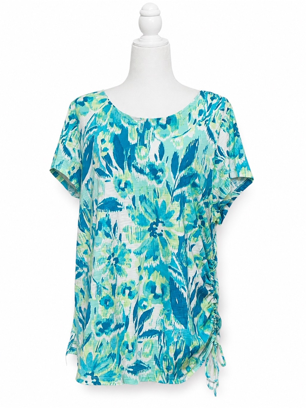 *NWOT* Belle by Kim Gravel Turquoise Blue Floral Short-Sleeve Top - Size XL